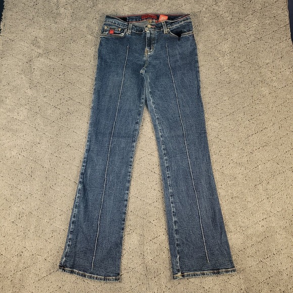 BONGO Denim - VTG Bongo Jeans Womens 9 Blue Let Me B Bootcut Low Rise Crease Dark Wash Y2K
